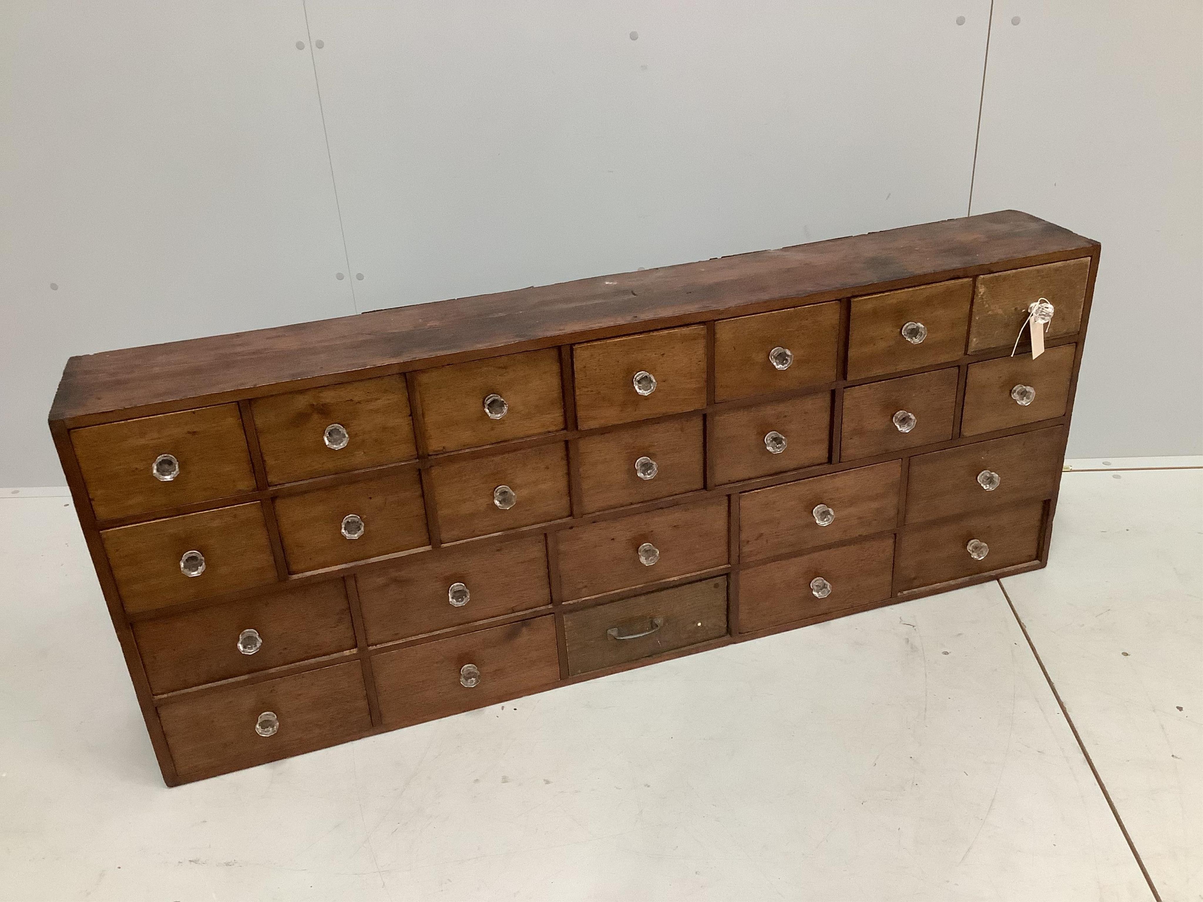 A Victorian mahogany and pine apothecary chest, width 152cm, depth 22cm, height 61cm. Condition - fair